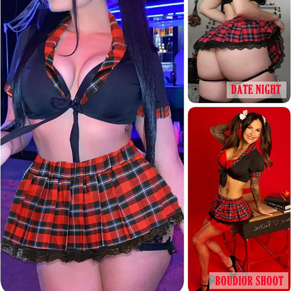 Sexy Cosplay Schoolgirl Costume Erotic Kawaii Lingerie Student Role Play Outfit Woman Lolita Top Lace Plaid Mini Skirt 2Pcs Set