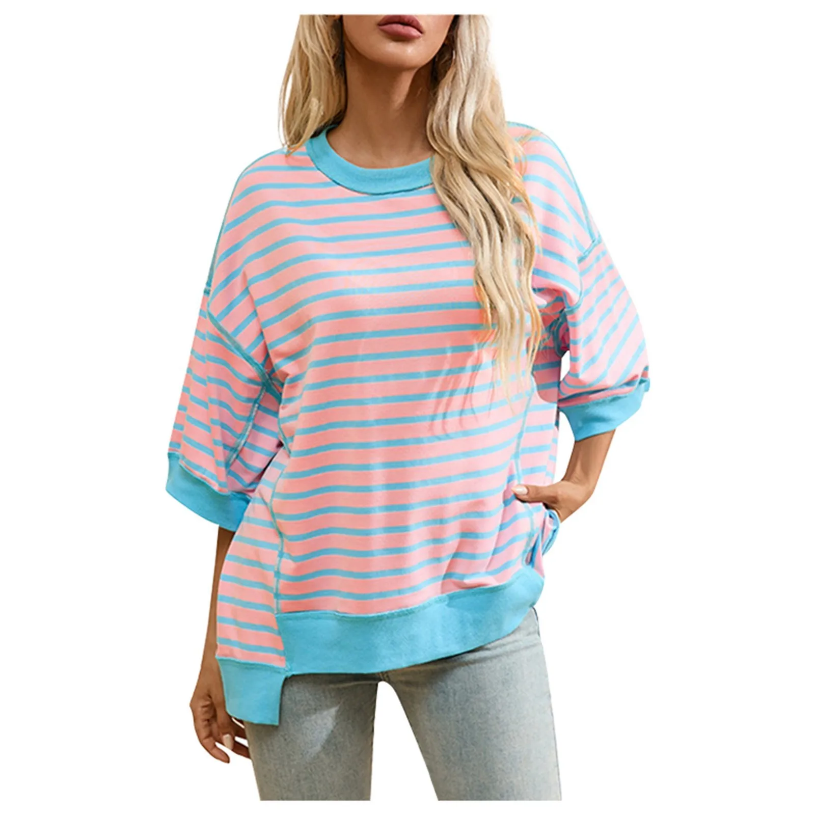 Women Striped Pullover Oversized Sweatshirt Crew Neck Long Sleeve Shirt Pullover Top Casual Loose Fit Sweater T-shirt Top