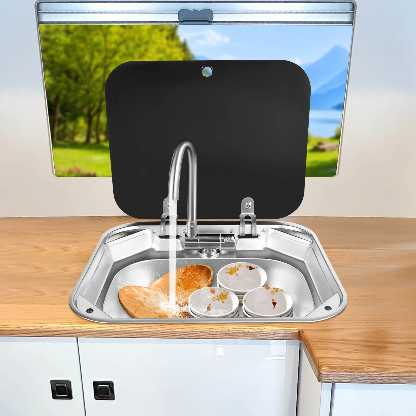 RV Caravan or Boat Stainless Steel Hand Wash Basin Sink, Compact Embedded Kitchen Sink, Modern Rectangular 304 Stainless Steel Tempered Glass, Electroplated Surface, for Camper, Motorhome, Bar, Under Table Mount