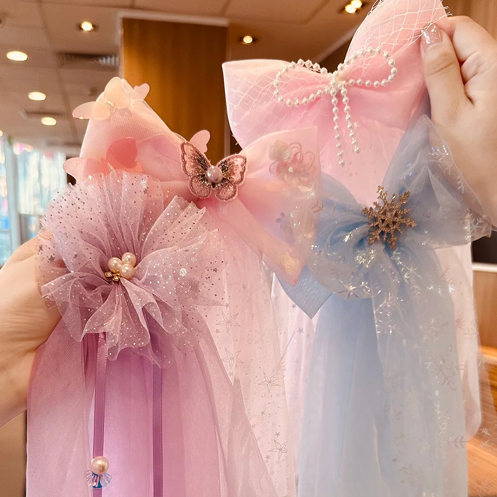 Księżniczki dziewczyny spinki do włosów długa przędza gwiazda cekiny kokardy do włosów perła Rhinestone brokat spinki do włosów motyl rekwizyty fotograficzne prezenty