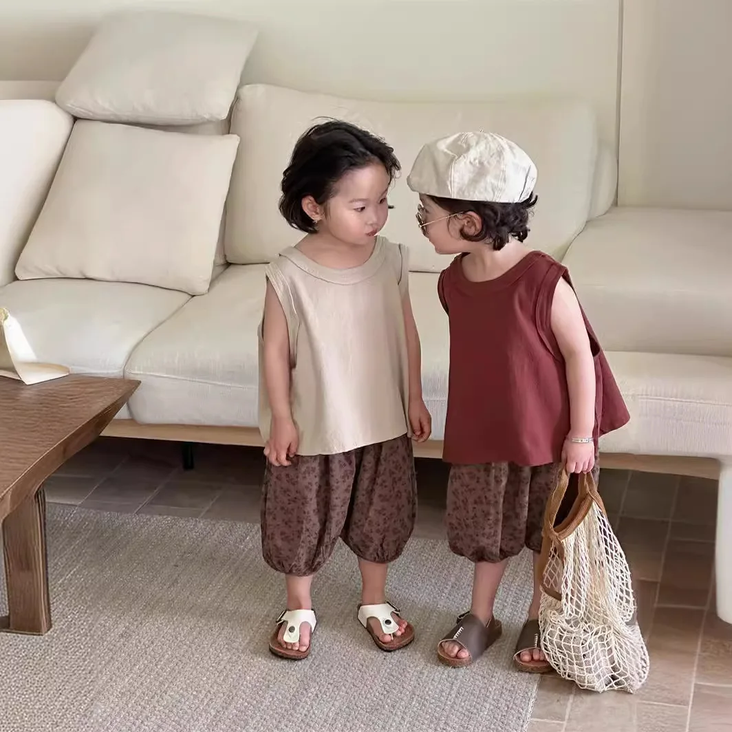 الصيف شقيق شقيقة نظرة الكورية الشاش الصلبة طفل الفتيات أكمام بدلة علوية الأزهار المطبوعة اقتصاص السراويل الزي الأشقاء الملابس #3