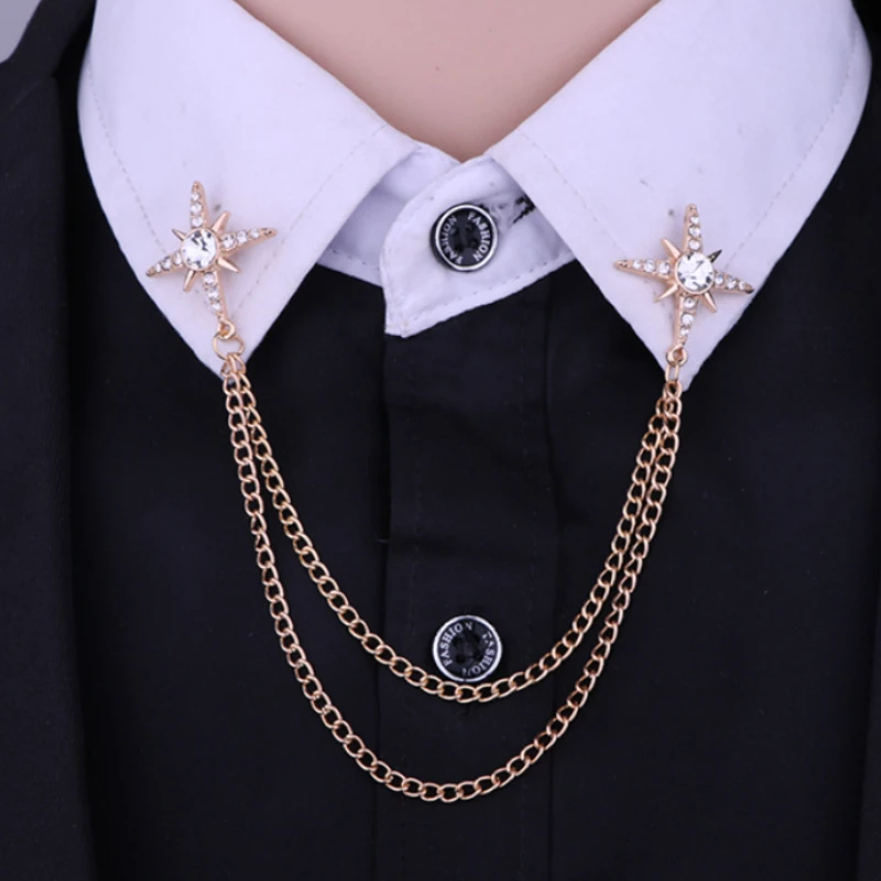 Korean Fashion Tassel Chain Star Brooch Rhinestone Crystal Lapel Pin Badge Men's Shirt Collar Pins Luxulry Jewelry Brooches Gift