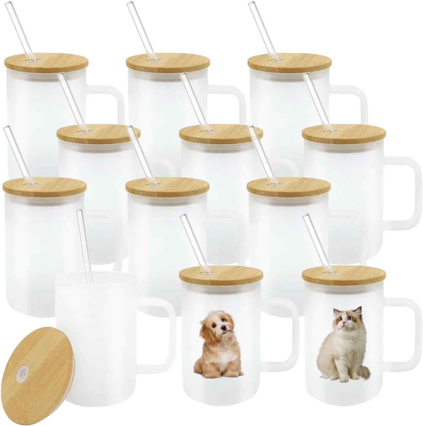 

12-Pack Sublimation Glass Tumblers with Bamboo Lid & Straw, 16oz Heat Press Ready
