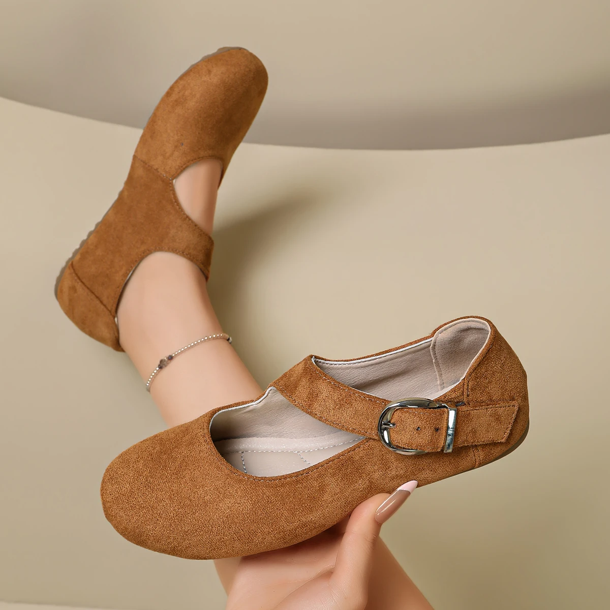 Damen Mary Jane Schuhe, Wildleder, runde Zehenpartie, flache Schuhe, mit Schnallenriemen, lässig, bequem, für Arbeit, Büro, Alltag, Ballerinas. – Detail 7