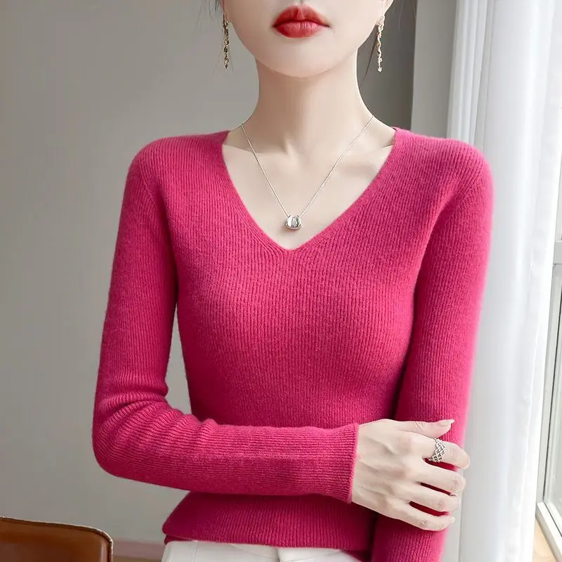 Women V Neck Ribbed Knit Sweater Slim Fit Long Sleeve Pullover Casual Seamless Basic Knit Top