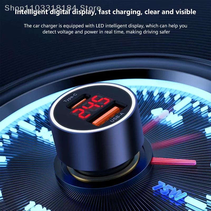 

Type-C+USB-A 75W USB C General Car Charger Quick Charge 4.0 PD3.0 SCP Fast Car Digital Display Phone Charger