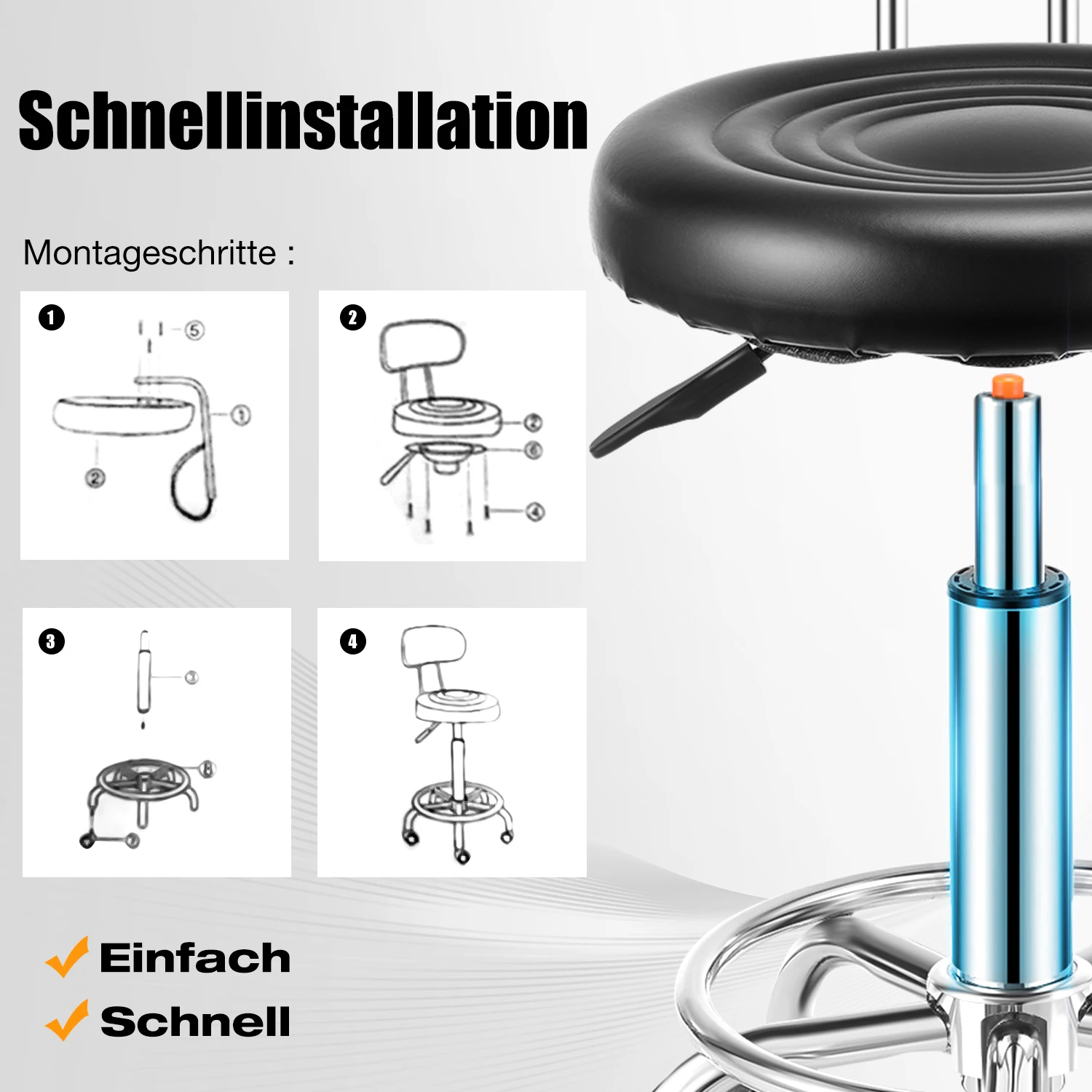 PU Leather Modern Rolling Stool with Low Back Height Adjustable Work Salon Drafting Swivel Task Chair with Footrest (Black)