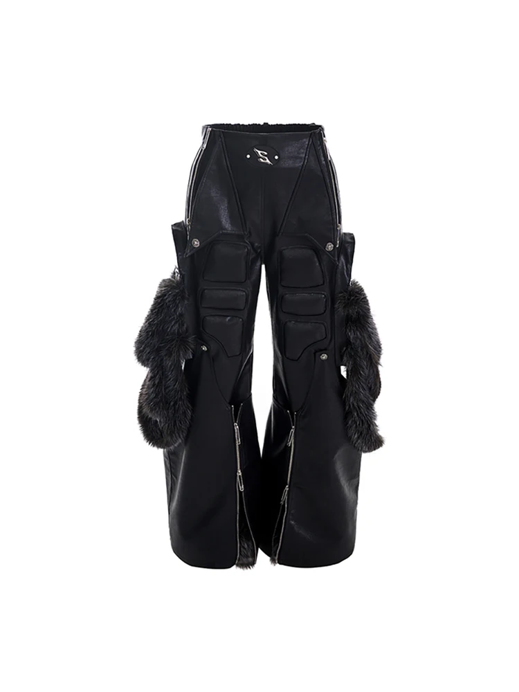 High Street Detachable Leg Structure Design Fur Splicing PU Leather Pants Men's Autumn and Winter Wide Leg Streetwear Pants