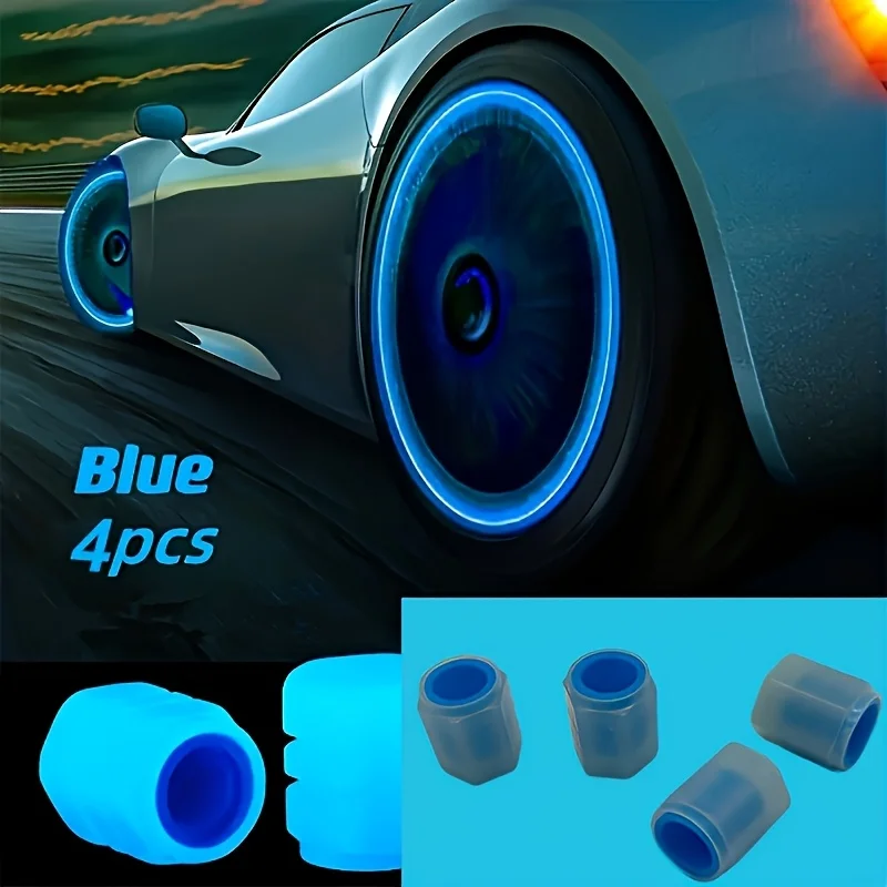 

4 Luminous Tire Valve Stems - Glow In Dark Shaft, Premium Construction, 4 Color Choices