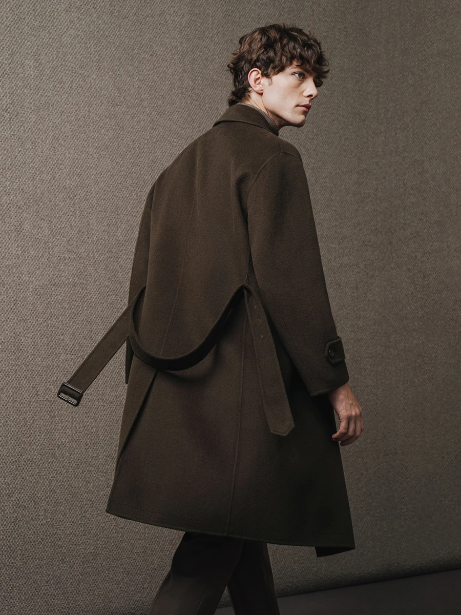 معطف رجالي 95% صوف 5% كشمير مزدوج الوجه مزدوج الصدر سترة شتوية ثقيلة منتصف طول معطف على شكل ثوب للعمل والملابس