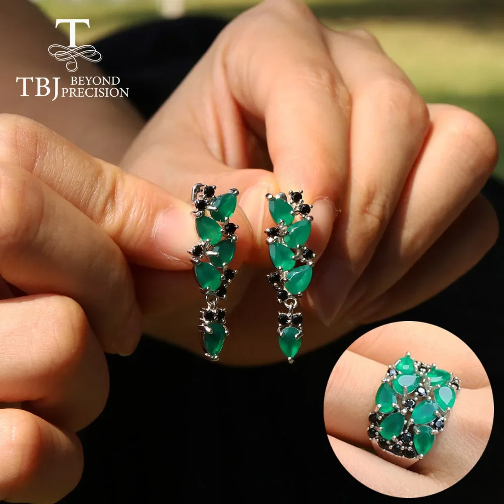 

Charming Jewlery set natural Green agate rings earring 925 sterling silver for women wife luxury design anniversary party gift
