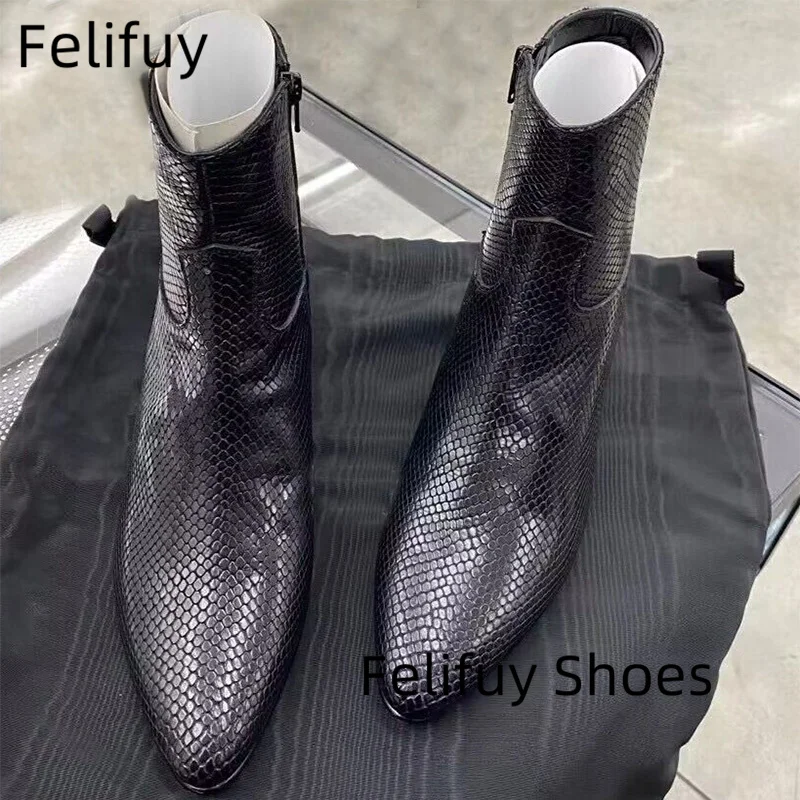 

Fashion Stylish Men Snakeskin Print Cow Leather Boots Point Toe Black Mujer Botas Side Zip Dress Shoes Party Male Thick Heels