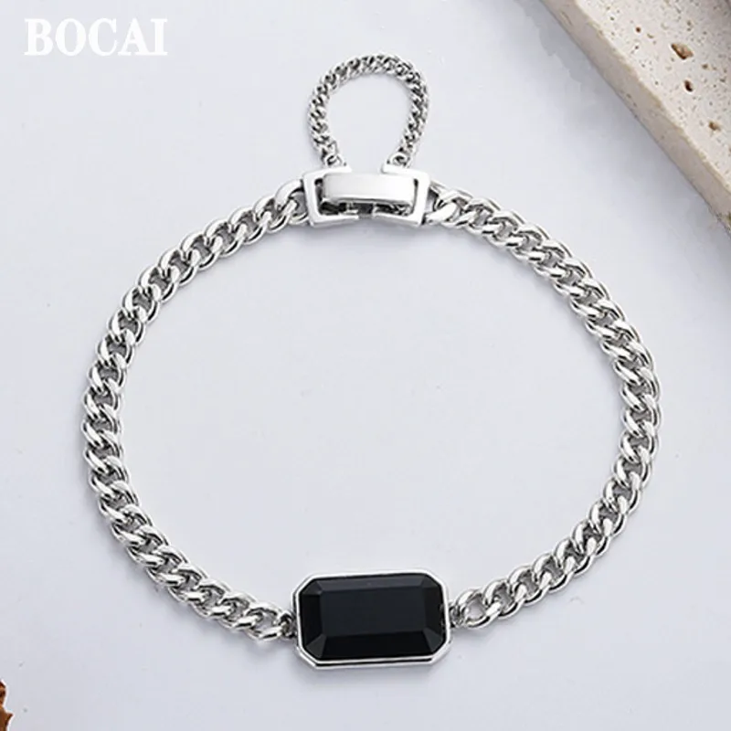 

BOCAI New Real S925 Sterling Silver Men and Women Bracelet Vintage Soft Chain Black Zircon Fashion Jewelry Accessories