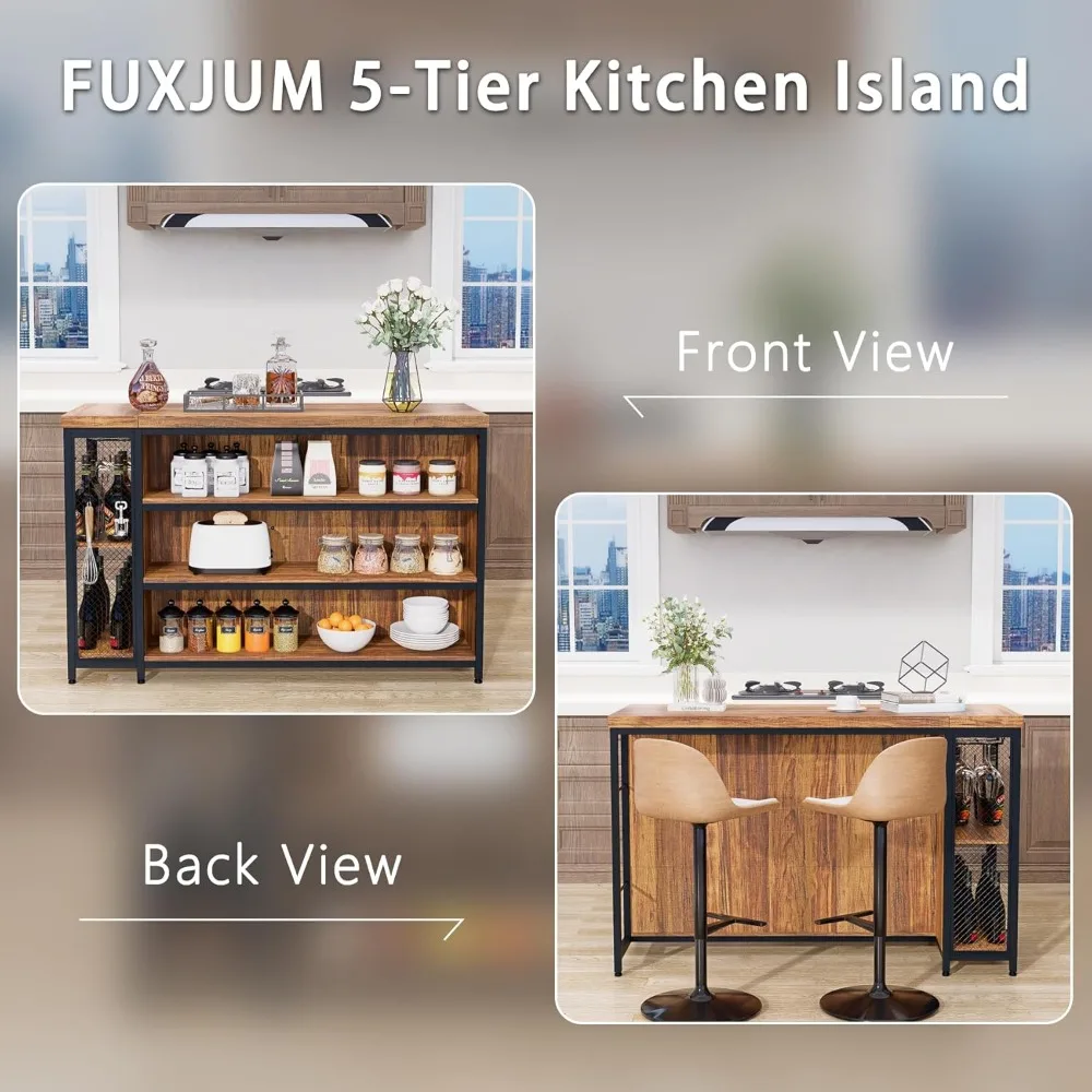 جزيرة مطبخ مقاس 55 بوصة مع أرفف مفتوحة للجلوس والتخزين مكونة من 5 طبقات، وخزانة بار القهوة مع سطح طاولة كبير جدًا، وغرفة واسعة الساق #3