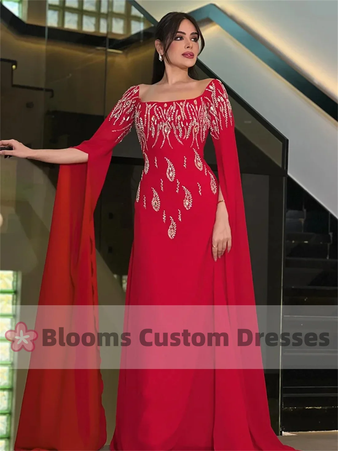 Blooms Red Vintage Square Neck Prom Gowns Women\'s Beaded Crystal Evening Gown Long Sleeves Chiffon Saudi Formal Occasion Dress