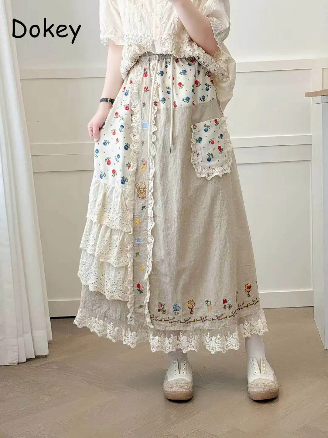 Vintage Ruffled Patchwork Long Skirt Women Spring Summer Casual Elastic Waist Flower Cotton Linen Pleated Midi Skirt Faldas Saia