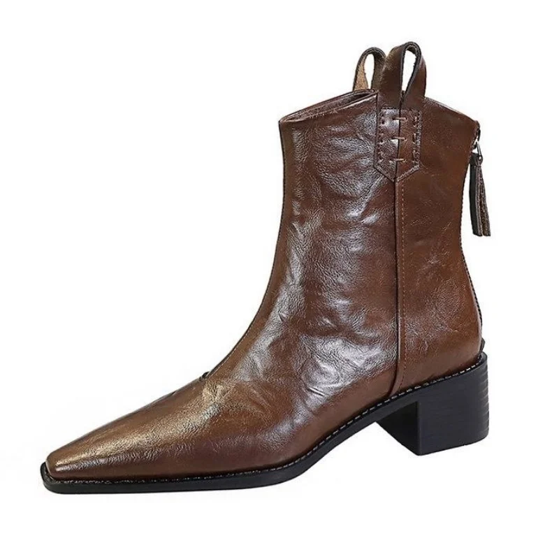 Bottes de rinçage en cuir rétro pour femmes, marron foncé, mode grossier suivant les chaussons courts, automne, hiver, bottes de neige StephanRinse, 2024