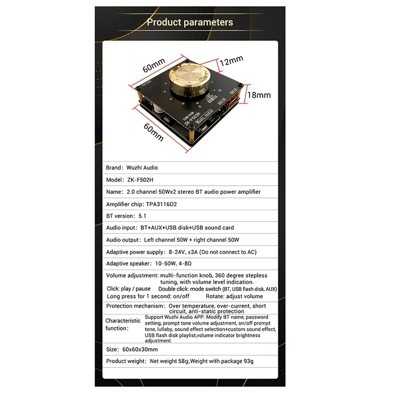 Módulo de placa amplificadora de potencia de Audio Bluetooth, indicador de volumen ZK-F502H, TPA3116D2 2,0, amplificador estéreo de 50W + 50W