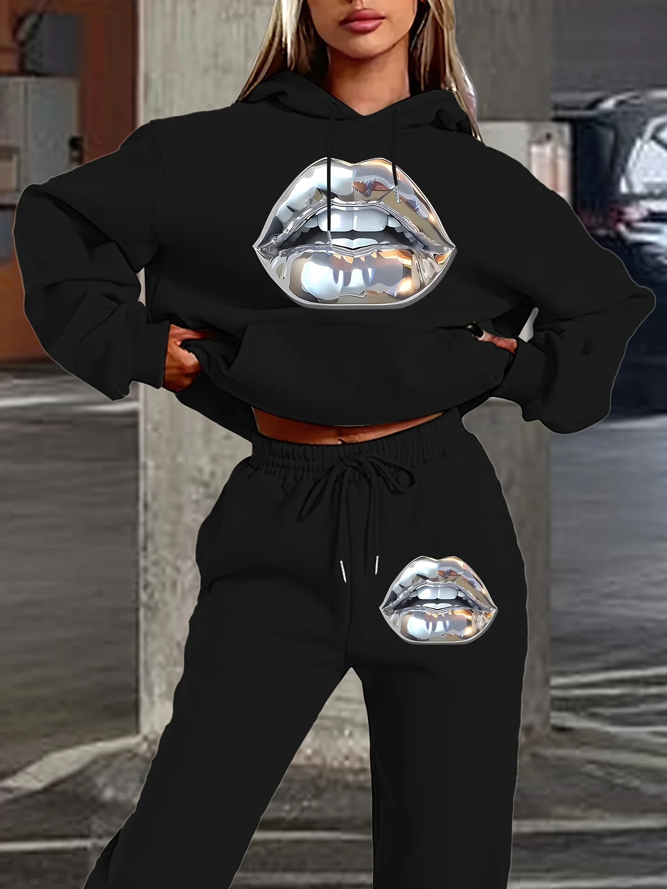 2025 جديد فضي الشفاه طباعة ثلاثية الأبعاد مطبوعة المرأة مقنعين طويلة الأكمام البلوز مجموعة للترفيه المنزلي