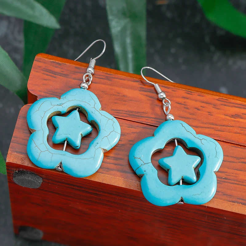 Böhmische türkisfarbene Stern-Tropfenohrringe für Frauen und Mädchen, Party, Urlaub, Schmuck, Geschenke – Detail 6