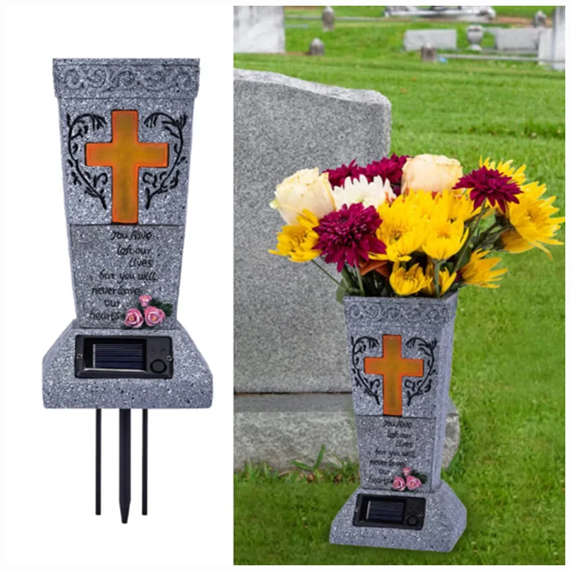 Solar Cemetery Grave Vase with LED for Fresh Artificial Flowers Headstones Vases with Spikes Gravestone Decor Memorial Gifts