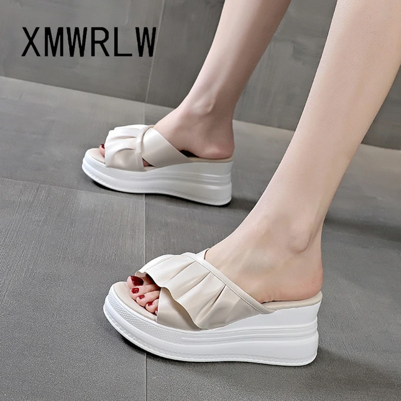 

XMWRLW Women's Genuine Leather Slippers For Women Summer Shoes Fashion High Heels Female Summer Slippers Woman Shoes Slipper