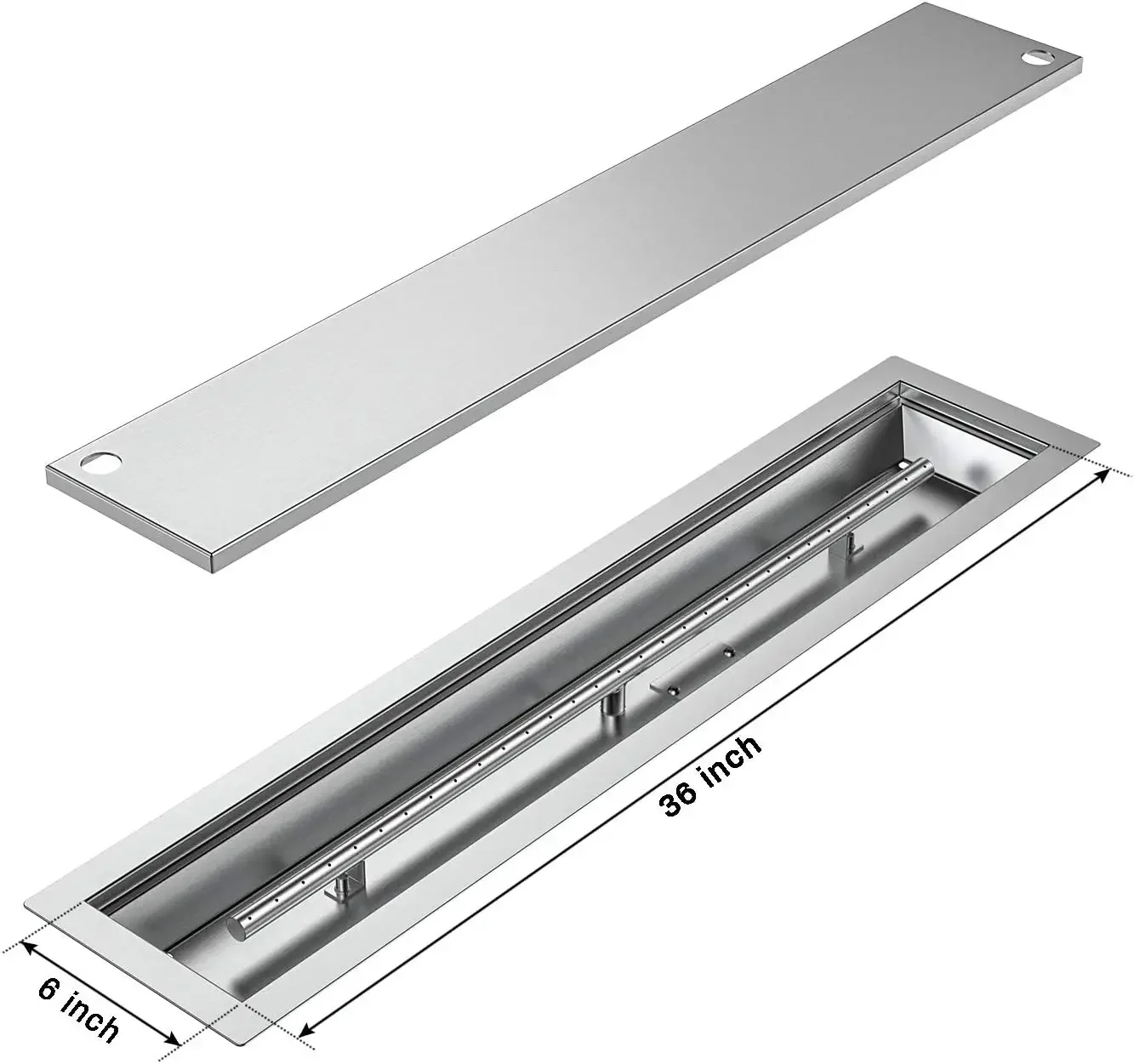 Linear Stainless Steel Drop-in Fire Pit Pan and Burner with Burner Cover, 36 by 6-Inch