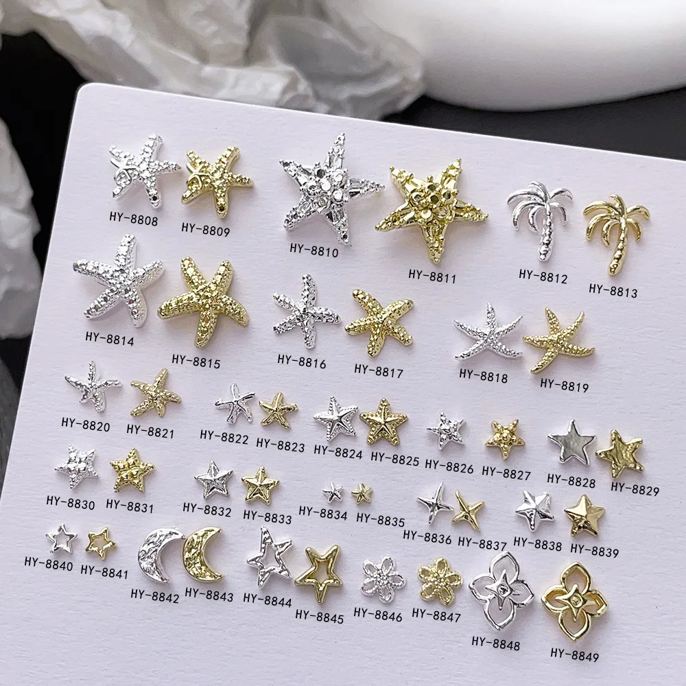 20PCS Silver Gold 3D Metal Stars Moon Nail Art Starfish Charms Accessories For Ocean Beach Nails Decoration Manicure Supplies