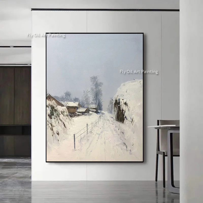 Handmade Winter Landscape Thick Oil Painting New Design Art White Snow Village View Thick Canvas Wall Art For Home Decor