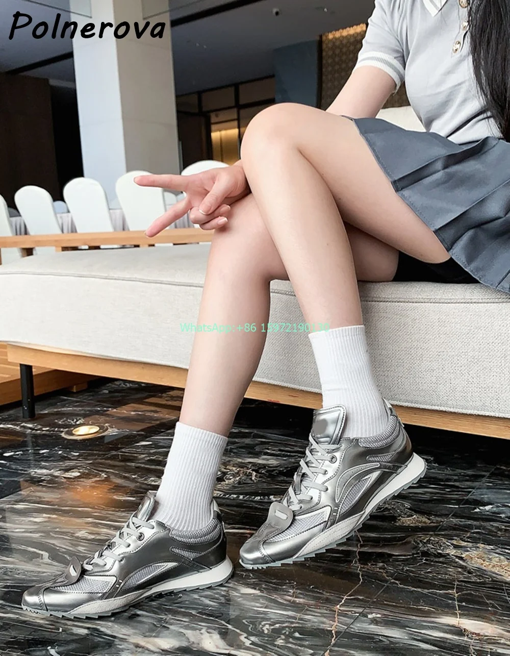 Pointy Toe Leisure Sneakers Patchwork Silvery Cross Tied Flat with Pumps New Fashion High Increase Ladies Casual Cool Shoes