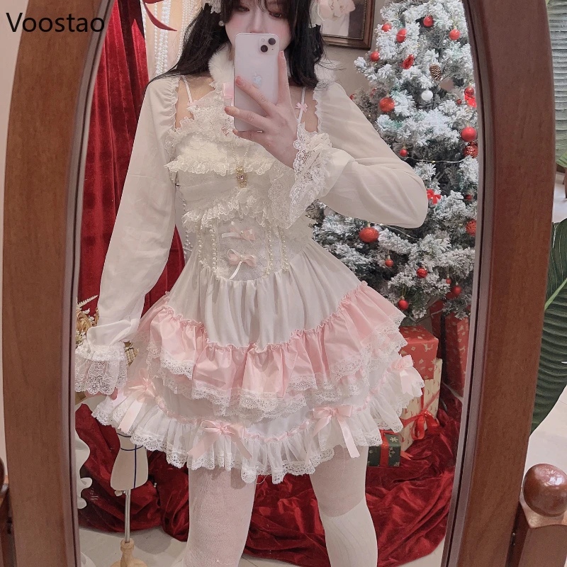 

Милое элегантное платье в стиле "Лолита", женские милые кружевные волшебные платья Y2k с оборками, бантом и жемчужинами, женское милое розовое белое платье принцессы