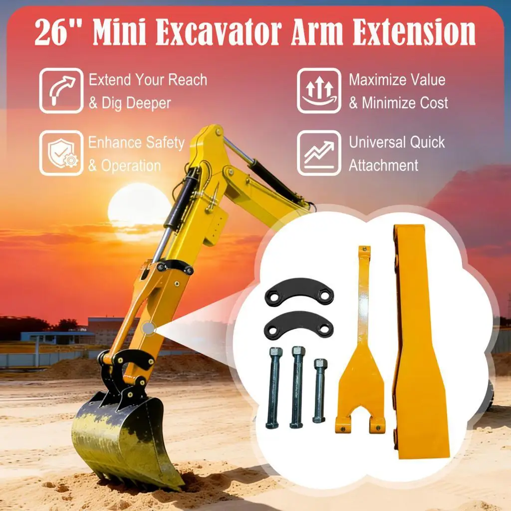 

Mini Excavator Accessories Quick Install Arm Extension Durable Steel Yellow for Ditch Cleaning and Trench Digging