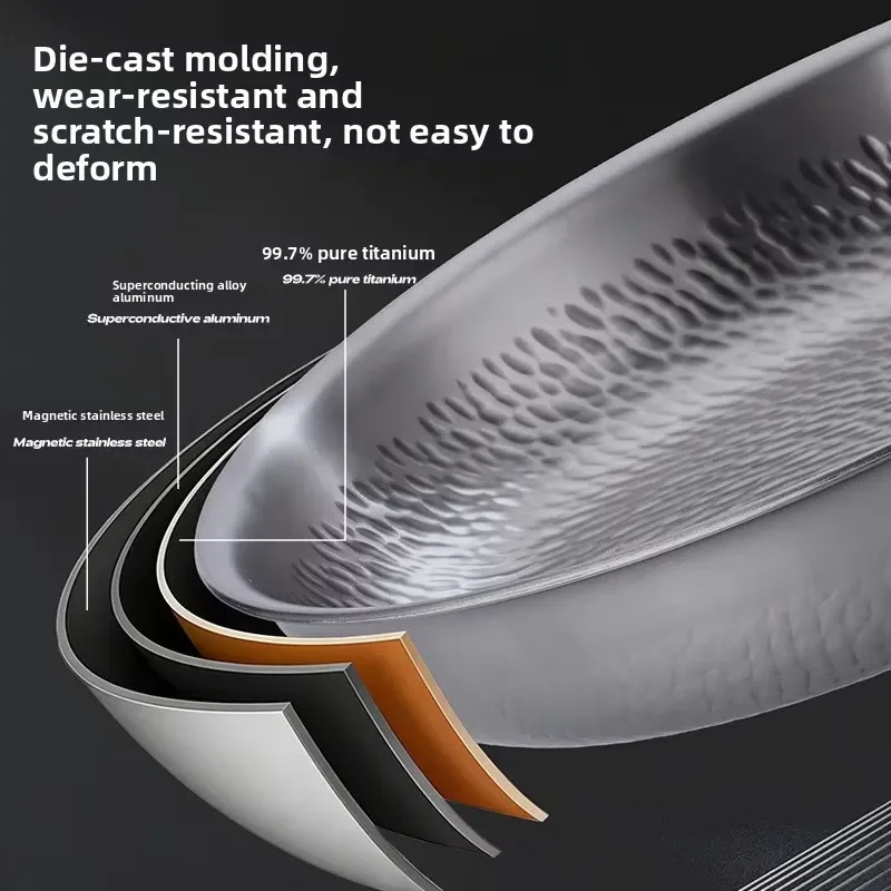 Pure Titanium Hammered Surface Frying Pan Uncoated 430 Stainless Steel Base Portable Wok Low Smoke Healthy Cookware