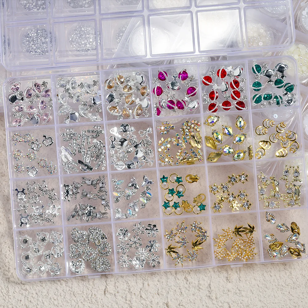 CHUNSHU 24 Grid Nail Art Decorations Mixed Retro Gold Silver Gem Metal Zircon 3D Nail Charms Luxury Planet Diamond Manicure 4