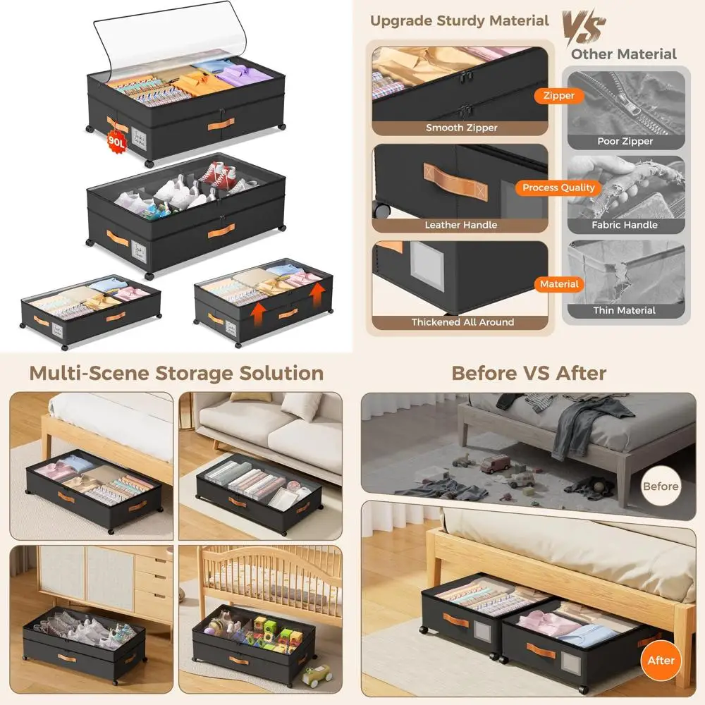 

Large Rolling Underbed Storage Boxes with Clear Lids - Ideal for Clothes, Shoes, and Blankets Organization