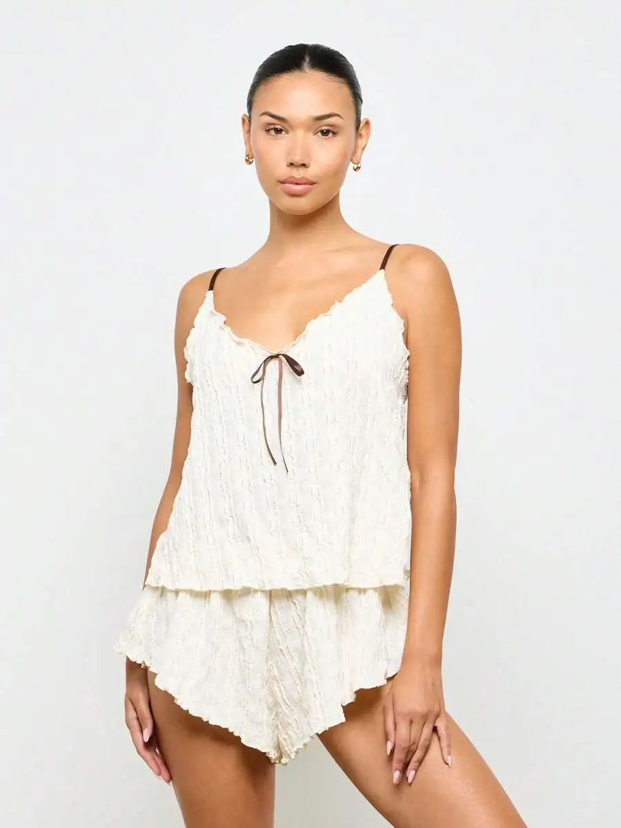 

Textured Cami Top And Shorts Pajama Set Summer Sleepwear Loungewear With Drawstring Ruffled Edge