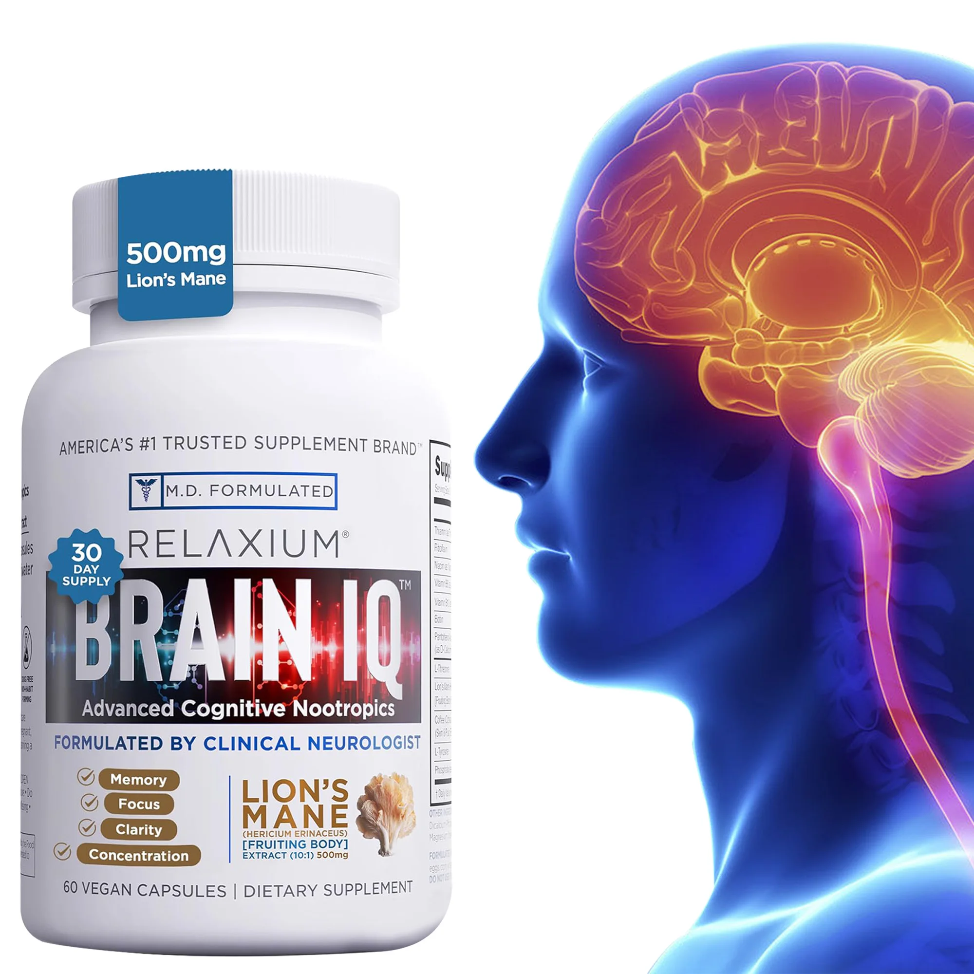 

Brain IQ Nootropic Brain Supplements - Improves Memory and Concentration, Helps Combat Mental Dullness and Brain Fog