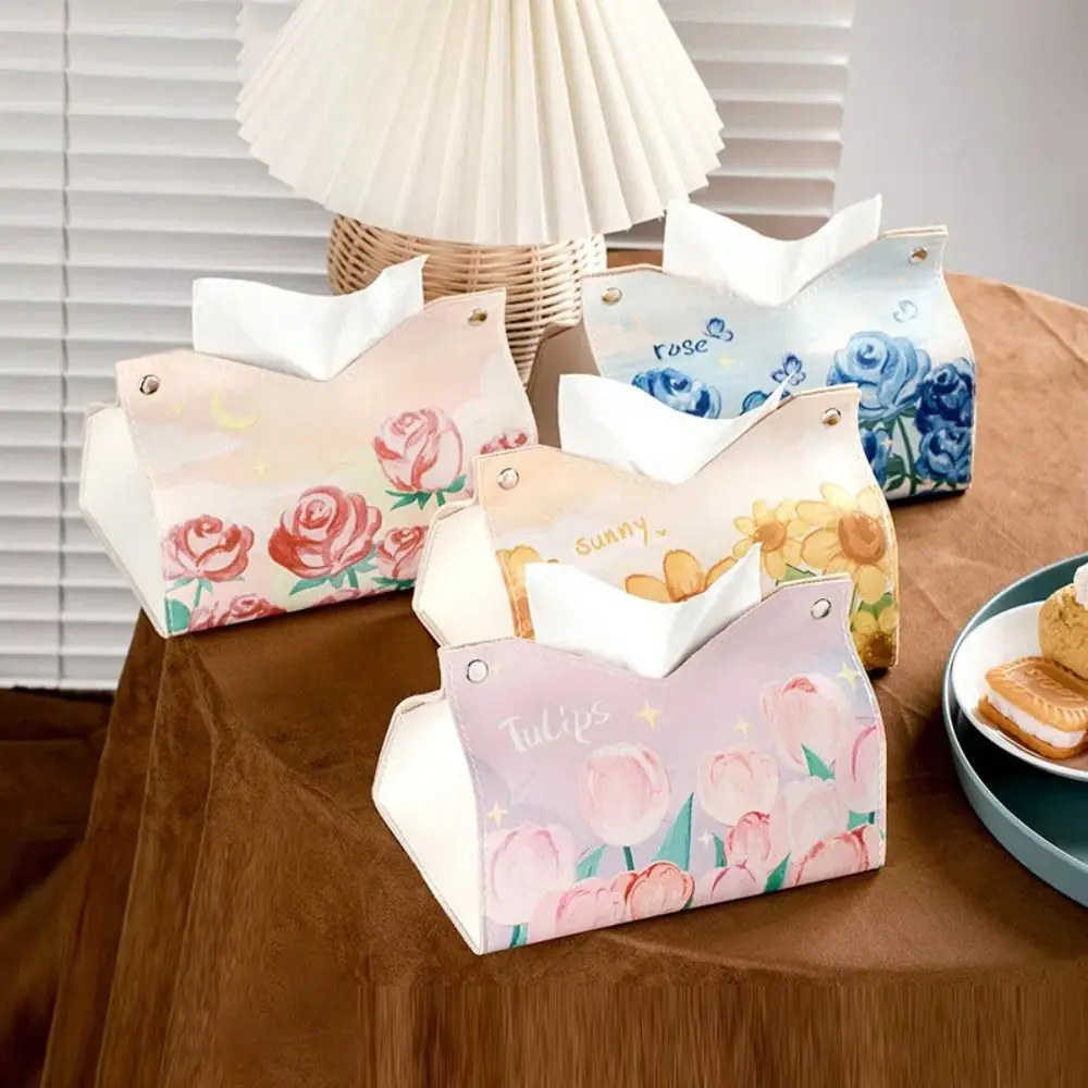 Oil Painting Tissue Case High Quality Smooth Leather Napkin Holder Large Storage with Buttons Paper Towel Box Home Table Decor