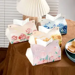 Oil Painting Tissue Case High Quality Smooth Leather Napkin Holder Large Storage with Buttons Paper Towel Box Home Table Decor