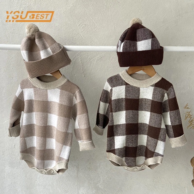 Newborn Kids Baby Girls Boys Long Sleeve Grid Knit Sweater Jumpsuits Winter Infant Kids Baby Boys Girls Rompers Clothes