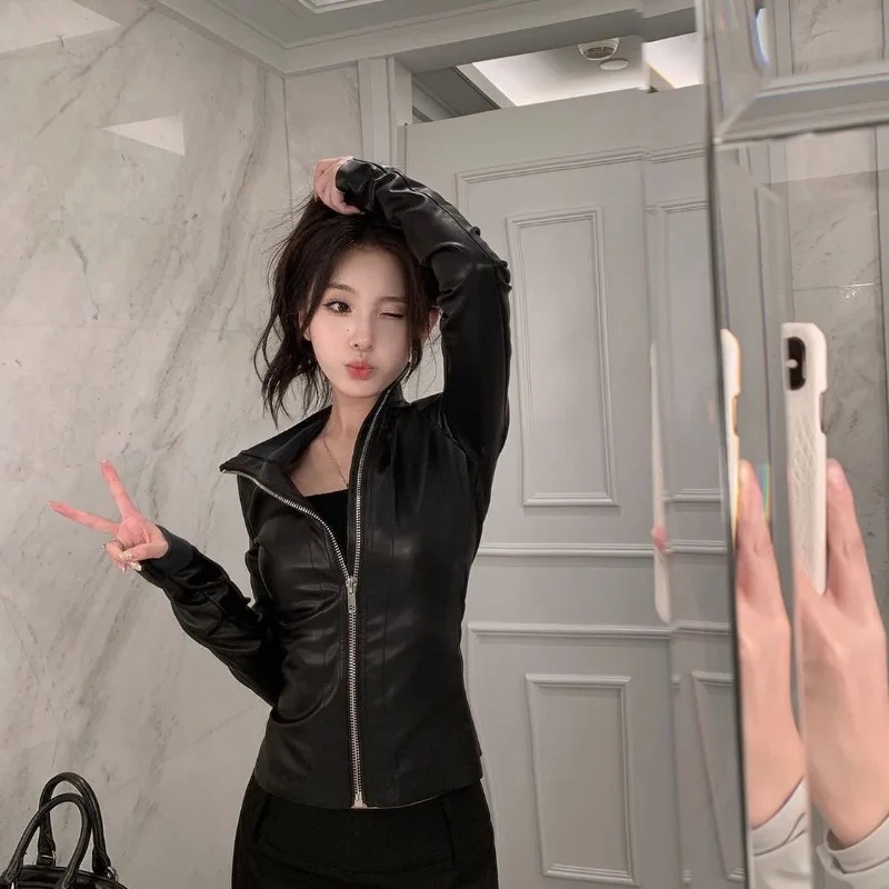 

Spring Fashion New High-end Spicy Girl Leather Jacket Street Motorcycle Stand Up Collar Versatile Temperament PU Jacket