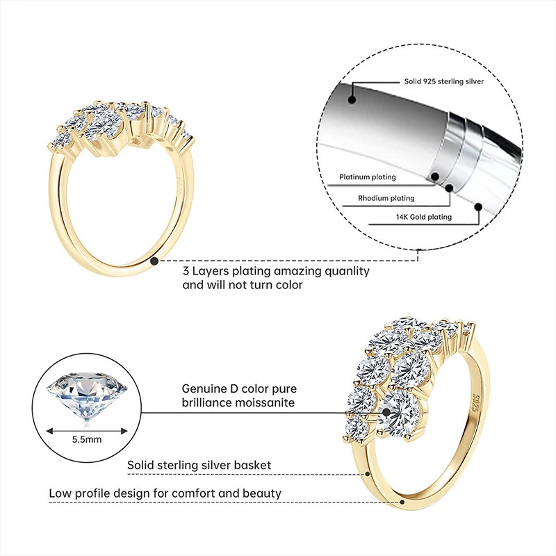 3.26CTW. D Moissanite Ring for Women 925 Silver 18k Gold Plated Ten Stones Finger Rings Lab Diamond Wedding Engagement Jewelry