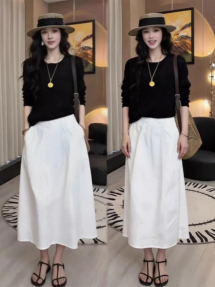 

Summer New Lazy Loose Feel Black Top White Skirt Set Women Fashion Ensemble High Waist Midi Skirt Long Sleeve round Neck