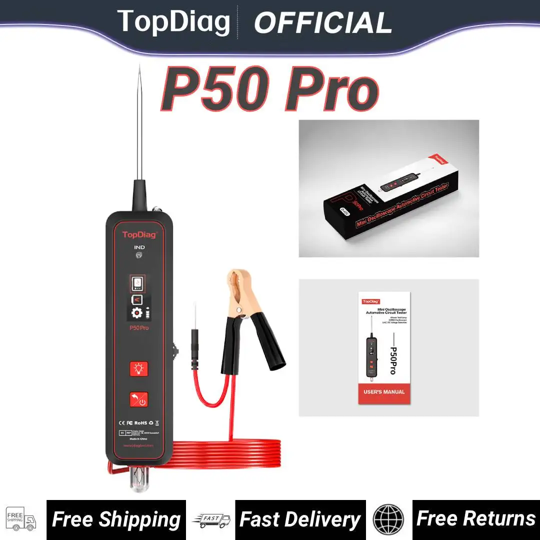 

Тестер цепей Topdiag P50Pro, мини-осциллограф для электрических цепей, автомобильный пробник для измерения напряжения 0-45В с фонариком