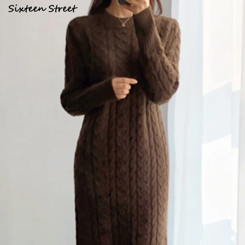 Vintage Apricot Loose Sweater Dress Lady O-neck Winter Thicken Long Woolen Dress Women Clothing Autumn Harajuku Style Knitwear