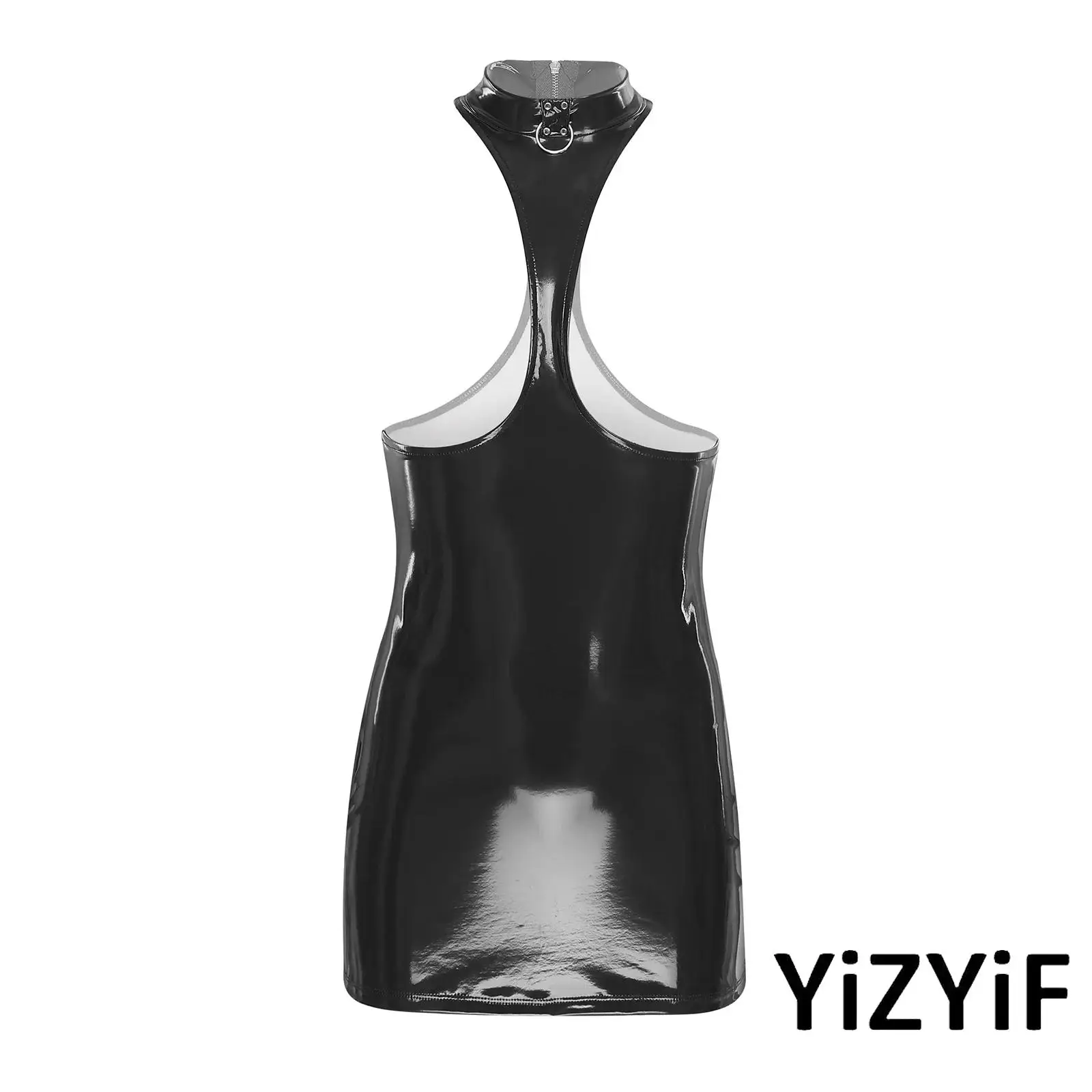 

Women Wet Look Patent Leather Erotic Nightwear Bodycon Showing Chest Butt Cutout Dress Tempting Sexy Mini Dress for Dating Night