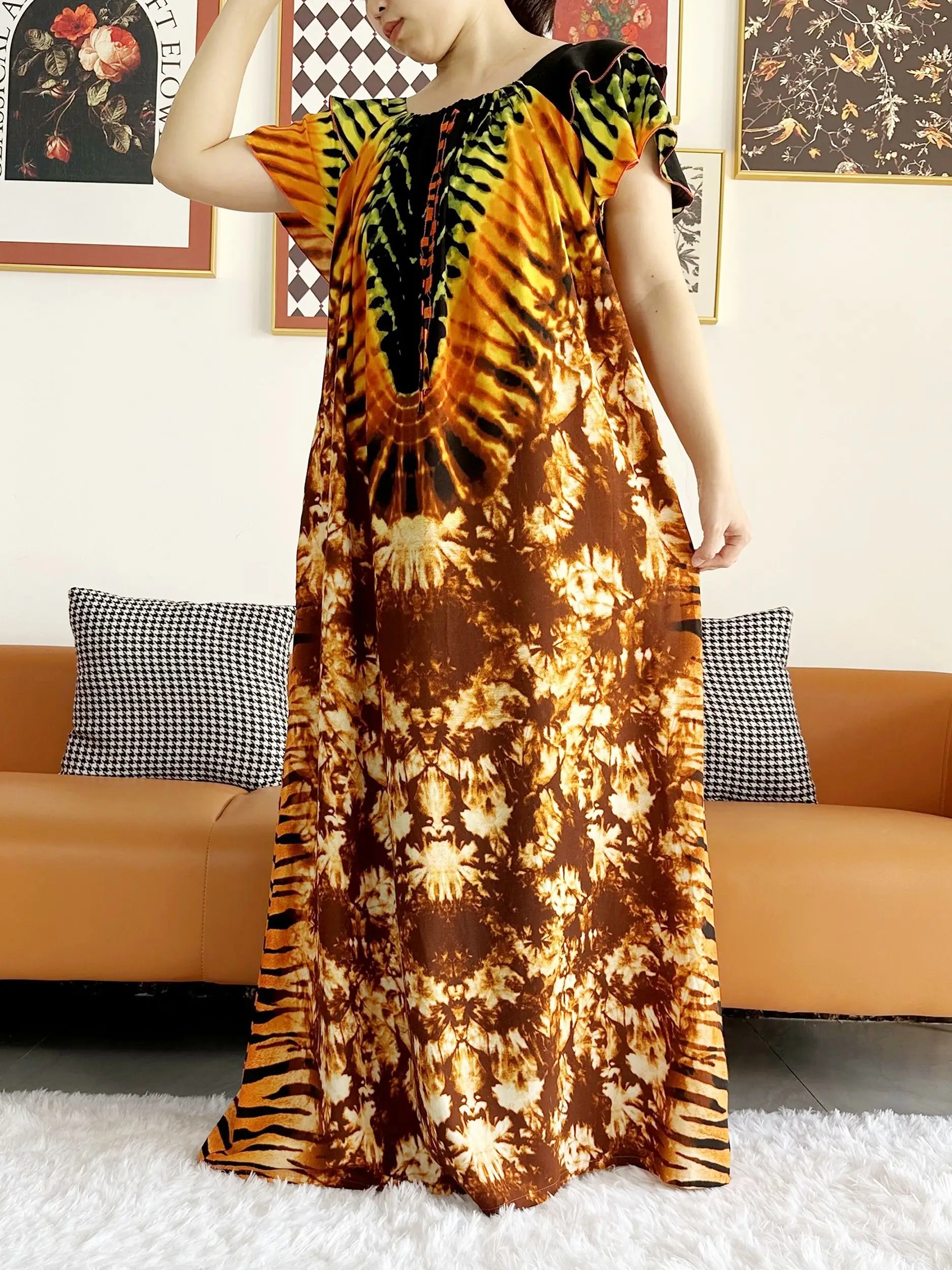 Robe Africaine à Manches Courtes pour Femme, Vêtement Maxi à Col Bateau, Boubou Floral, Taille Libre, Été