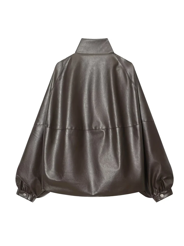 Women Vintage PU Leather Bomber Jackets Autumn New Zipper Stand Collar Long Sleeve Pocket Coat Casual Ladies Loose Streetwear