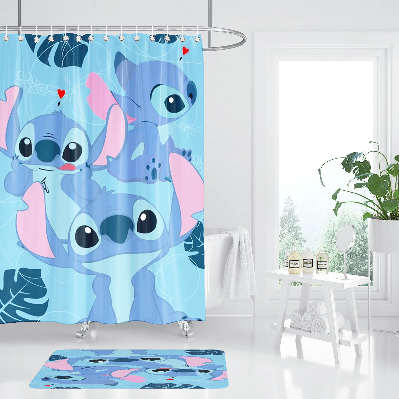 Stitch Bathroom Accessories 4 Piece Set Mats And Shower Curtain  Curtains Sets Luxury Waterproof Anime Home 100% Polyester