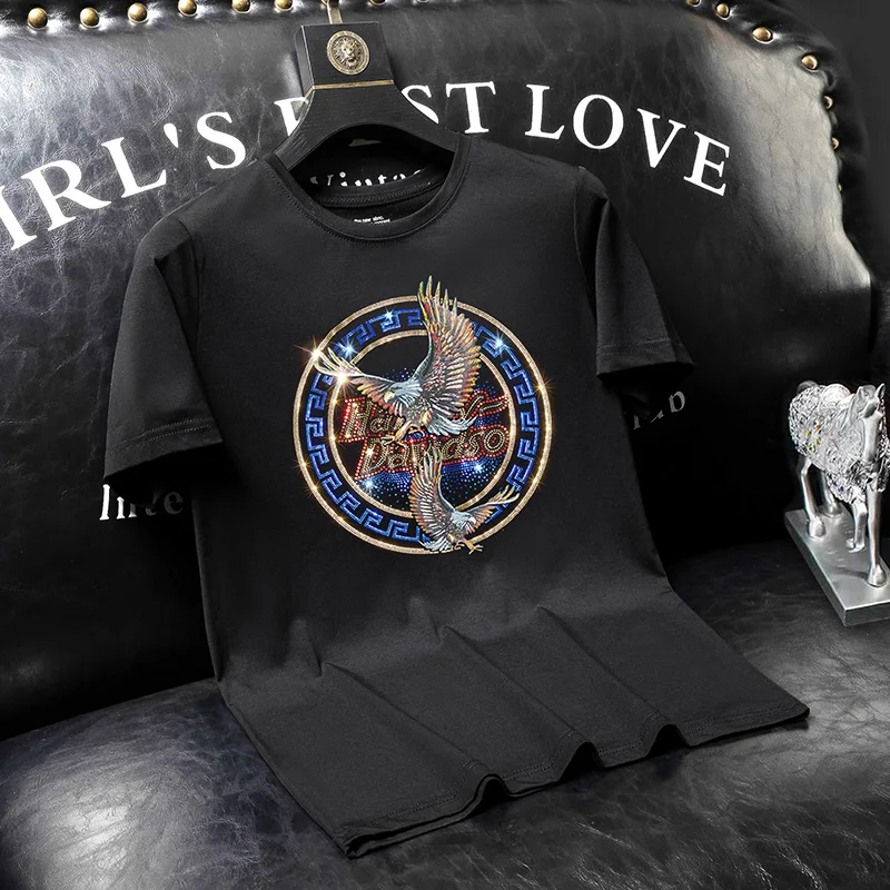 

European New Men Short Sleeve Summer Personality Trend Heavy Industry Hot Drill Animal Letter Sequin Slim Fit Tee Shirt